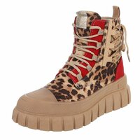 Dames veterboots / laarzen met veters - panterprint bruin rood