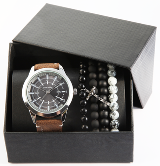 Giftset Alain Miller herenhorloge met armbanden - bruin