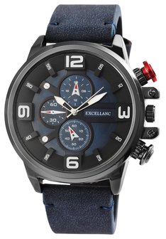 Excellanc XXL herenhorloge met lederen band - blauw