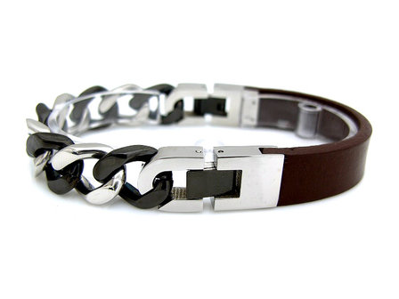 Armband half edelstaal / half leder - bruin