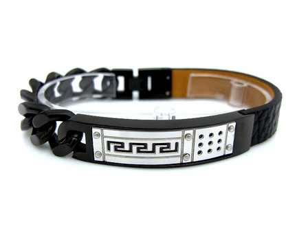 Armband half edelstaal / half leder - zwart