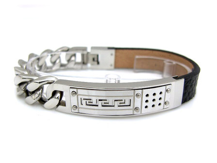 Armband half edelstaal / half leder - zwart