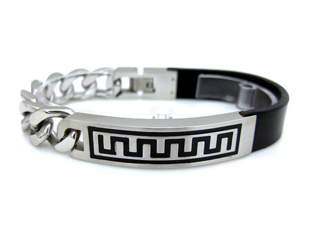 Armband half edelstaal / half leder - zwart