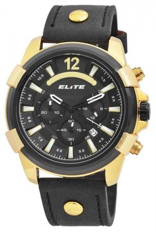 Elite Chronograph XXL herenhorloge met lederen band - zwart / goud