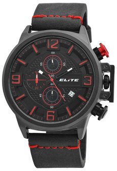 Elite Chronograph XXL herenhorloge met lederen band - zwart / rood