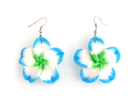 Oorhangers fimo bloem - blauw/wit/groen