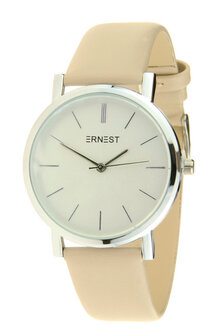 Ernest NOVA dameshorloge met lederen band - zilver / beige