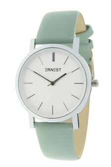 Ernest NOVA dameshorloge met lederen band - zilver / pastel groen