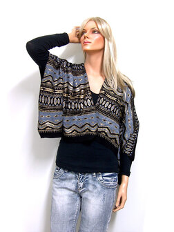 Poncho met aztec design - zwart / goud