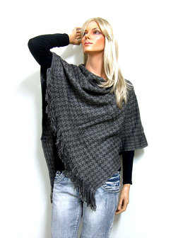 Poncho met franjes, pied-de-poule - grijs