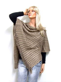 Poncho met franjes, pied-de-poule - bruin