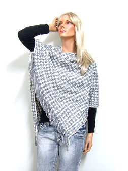 Poncho met franjes, pied-de-poule - creme / grijs