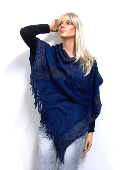 Poncho met franjes - blauw