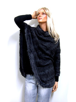 Poncho met bont - zwart / antraciet