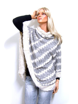 Poncho met bont - creme / grijs