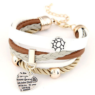 Armband leder met bedels - bruin / grijs / wit