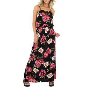 Dames zomerjurk katoen / lange jurk met bloemen - zwart