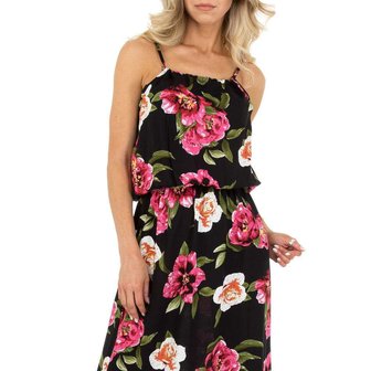 Dames zomerjurk katoen / lange jurk met bloemen - zwart