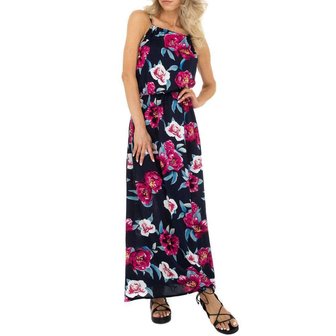 Dames zomerjurk katoen / lange jurk met bloemen - donkerblauw