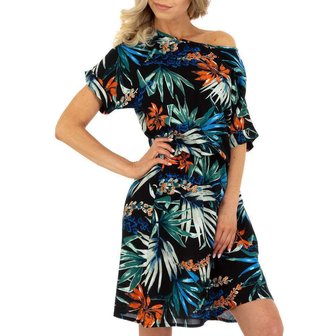 Dames zomerjurk katoen / halflange jurk met tropical print - zwart