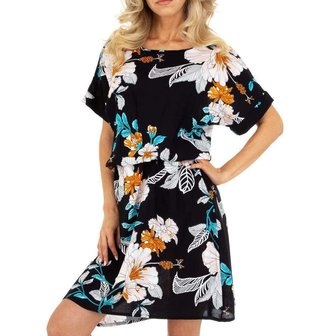 Dames zomerjurk katoen / halflange jurk met bloemen - zwart