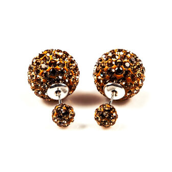 Double Blings (Dots look) oorbellen met strass - bruin