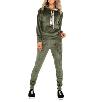 Dames comfy huispak / velvet joggingpak 2-delig - legergroen