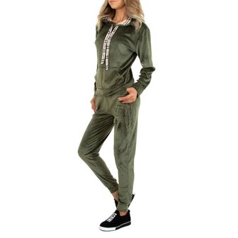 Dames comfy huispak / velvet joggingpak 2-delig - legergroen