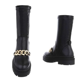 Dames biker boots enkellaarzen / motor-look laarsjes met ketting - zwart