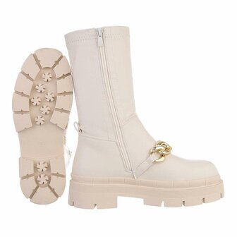 Dames biker boots enkellaarzen / motor-look laarsjes met ketting - beige