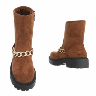 Dames biker boots enkellaarzen / motor-look laarsjes met ketting - camel