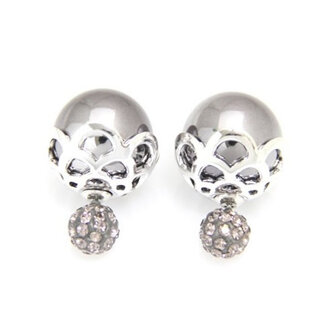 Double Blings (Dots look) oorbellen met parel en strass - grijs