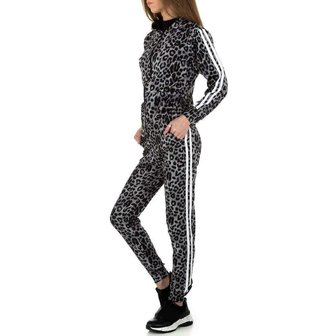 Dames comfy huispak / joggingpak met panterprint - grijs