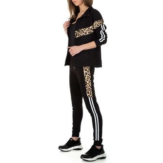 Dames comfy huispak / joggingpak met panterprint - zwart