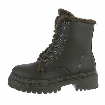 Dames veterboots / laarsjes met teddy voering - legergroen