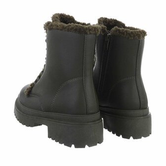 Dames veterboots / laarsjes met teddy voering - legergroen