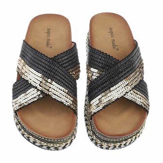 Dames slippers met glitter pailletten - zwart