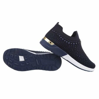 Dames instap sneakers / slip-on instappers met strass - donkerblauw