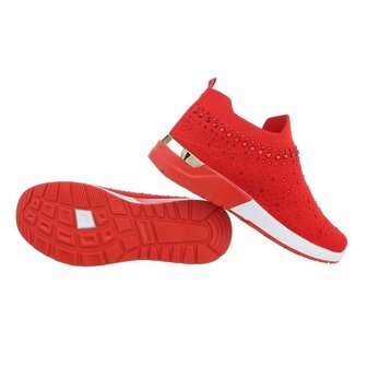 Dames instap sneakers / slip-on instappers met strass - rood