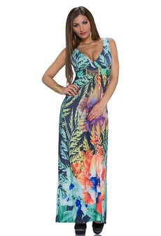 Dames maxi dress / lange jurk met bloemenprint - mint / koraal