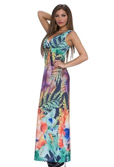 Dames maxi dress / lange jurk met bloemenprint - mint / koraal