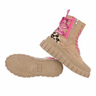 Dames enkellaarzen / veterboots laarsjes met panterprint - bruin roze