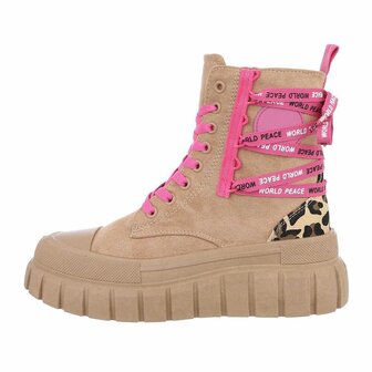 Dames enkellaarzen / veterboots laarsjes met panterprint - bruin roze