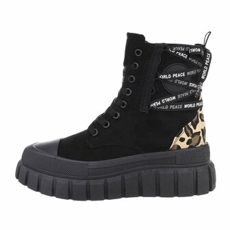 Dames enkellaarzen / veterboots laarsjes met panterprint - zwart