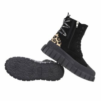 Dames enkellaarzen / veterboots laarsjes met panterprint - zwart