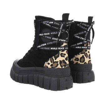 Dames enkellaarzen / veterboots laarsjes met panterprint - zwart