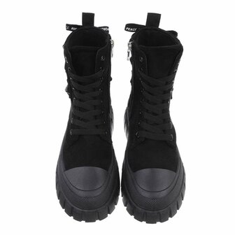 Dames enkellaarzen / veterboots laarsjes met panterprint - zwart