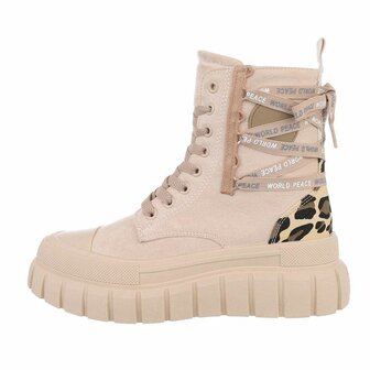 Dames enkellaarzen / veterboots laarsjes met panterprint - beige