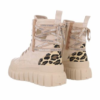 Dames enkellaarzen / veterboots laarsjes met panterprint - beige