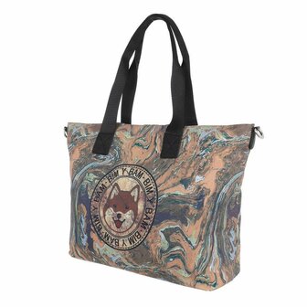 Dames grote schoudertas / shopper tas met Shiba Inu hond - khaki / multi